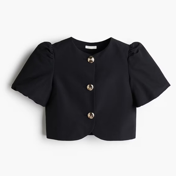 H&M NWT black puff sleeve gold button front blouse - Picture 1 of 6
